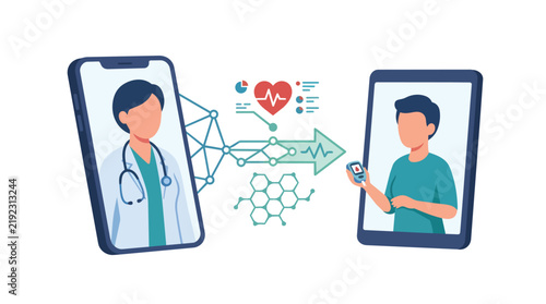 Remote patient health tracking and mobile physician teleconsultation modern flat vector illustration for telemedicine software