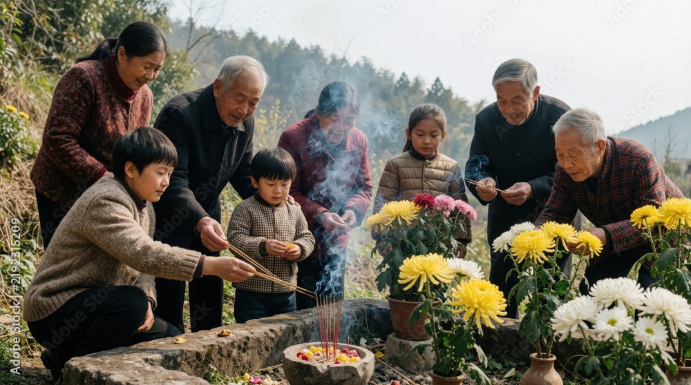 Obraz premium Chinese family performs Qingming Festival tomb sweeping ritual in spring. Multi generation relatives honor ancestors with incense sticks, yellow flowers at gravesite. Elderly parents, young children