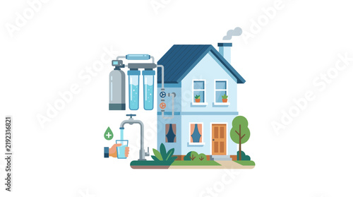 Residential Water Filtration System House Illustration