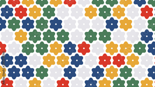 Colorful Abstract Geometric Pattern with Star Shaped Flower Elements in Blue Yellow Red Green and White
