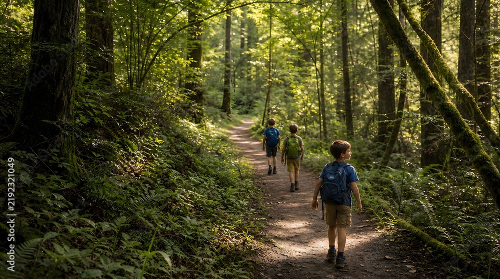 Fototapeta premium Young Boys Exploring a Winding Woodland Trail with Hiking Backpacks 