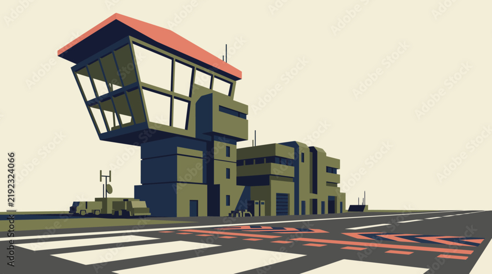Obraz premium Vector Illustration of a Military Airfield Control Tower with a Runway in Flat Design Style