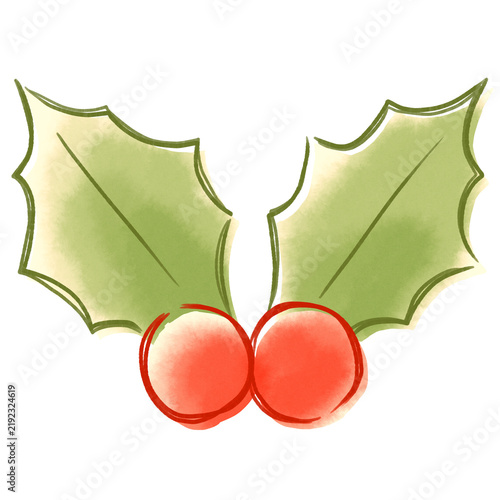 Fototapeta クリスマス ヒイラギのおしゃれな版ズレ水彩風イラスト