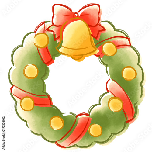 Fototapeta クリスマスリースとベルのおしゃれな版ズレ水彩風イラスト