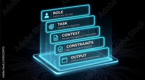 Artificial Intelligence prompt engineering concept with glowing neon interface layers on a digital circuit board background