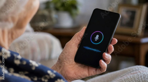 Close-up of elderly woman using voice assistant on smartphone at home, over-the-shoulder view showing colorful mic icon and waveform, modern digital technology for seniors