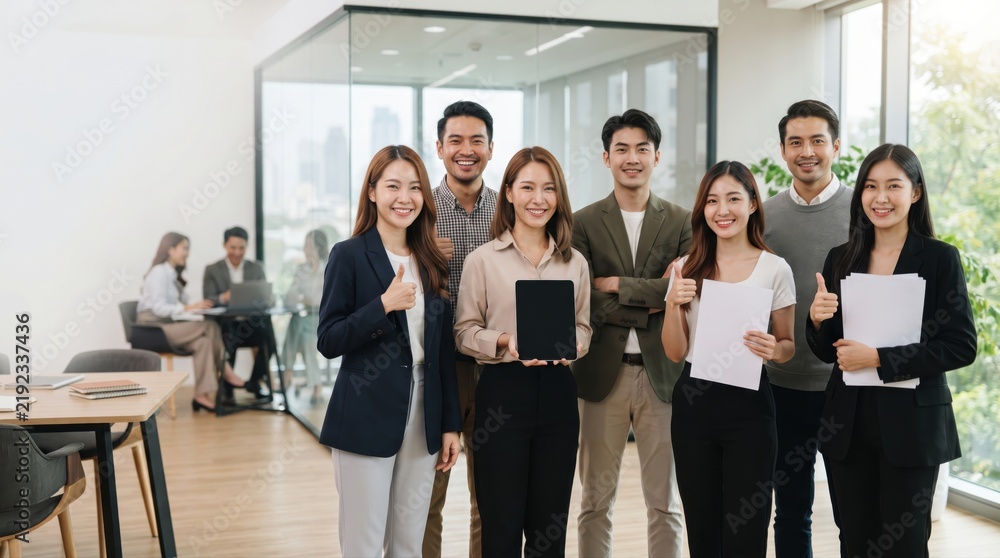 Obraz premium Group of Diverse Young Professionals Celebrating Success in Modern Office Environment with Smiles and Thumbs Up Gesture