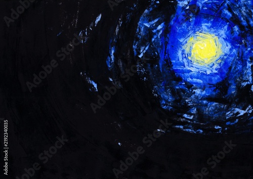 Acrylic painting of A glowing moon in a painterly style, illuminating a dark forest at night. A blue moon in an abstract artistic style, creating a mysterious and atmospheric night scene.