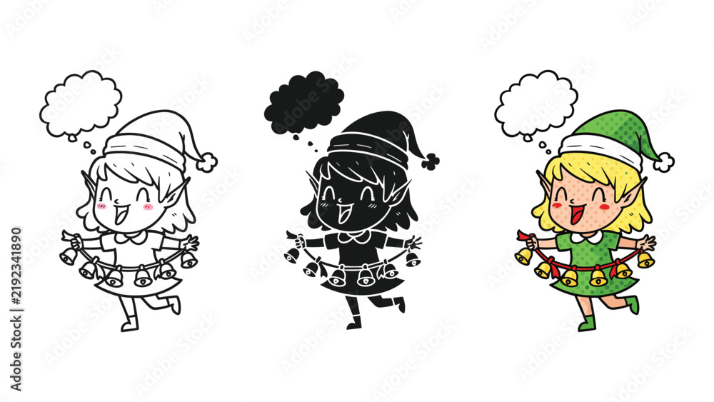 Obraz premium Christmas elf girl character vector with bells and thought bubble