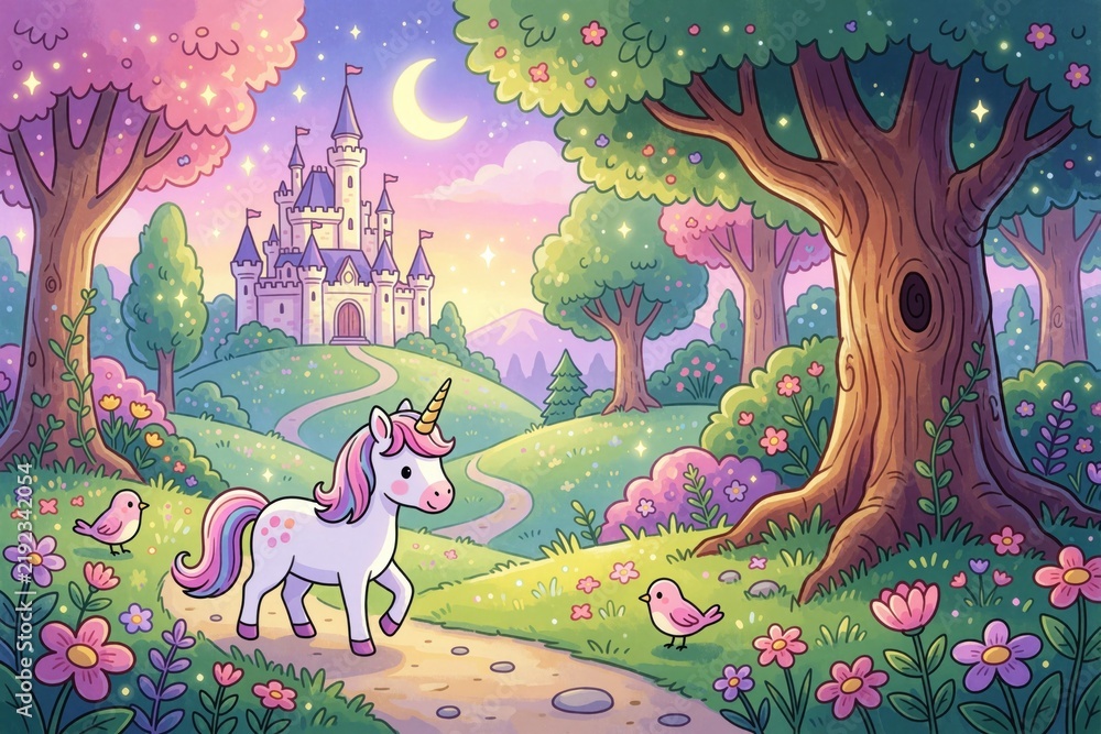 Obraz premium Cute unicorn walks on path in magical forest towards a castle. Pink birds nearby under moonlit sky. Whimsical landscape with flowers and trees invites imagination and dreams.