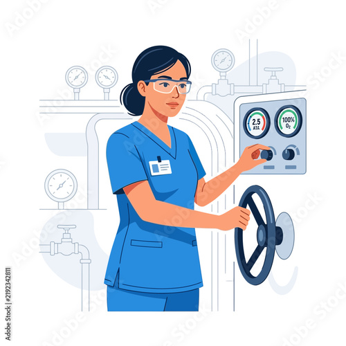 Female medical professional in blue scrubs operating machinery in a laboratory or industrial setting.