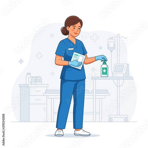Female Nurse In Blue Scrubs Caring For Patient In Hospital Room With Medical Equipment