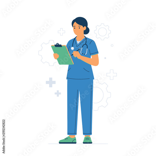 Female Nurse in Blue Scrubs Holding Clipboard and Stethoscope, Medical Care Concept