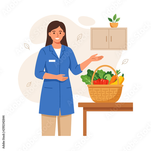 Female Nutritionist or Dietitian Presenting Basket of Fresh Vegetables and Fruits