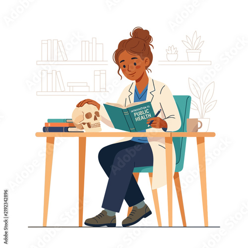 Female Public Health Student Studying Anatomy and Public Health Book with Skull on Desk