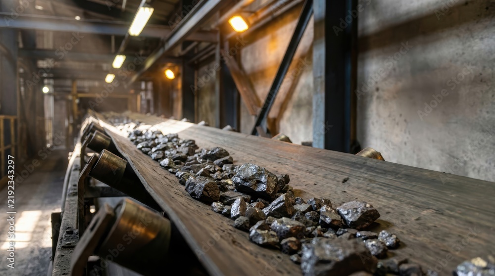 Fototapeta premium Industrial conveyor belt transporting raw coal or ore in a dimly lit mining or processing facility with metal beams and concrete walls