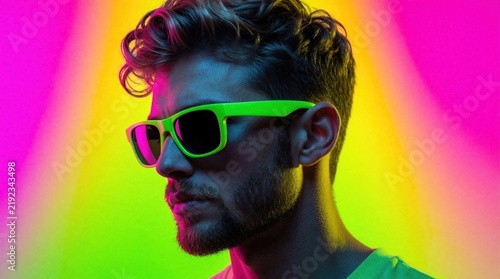 Young man with neon green sunglasses poses against vibrant pink and yellow gradient background. He has curly hair and stubble  looking confidently sideways. Modern style portrait.