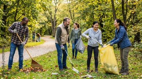 Diverse group of volunteers cleaning a park during a community service event, collecting trash and promoting environmental awareness in nature