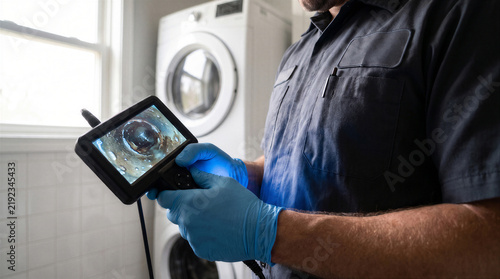 Plumber using a sewer inspection camera to examine a drain pipe inside a laundry room
