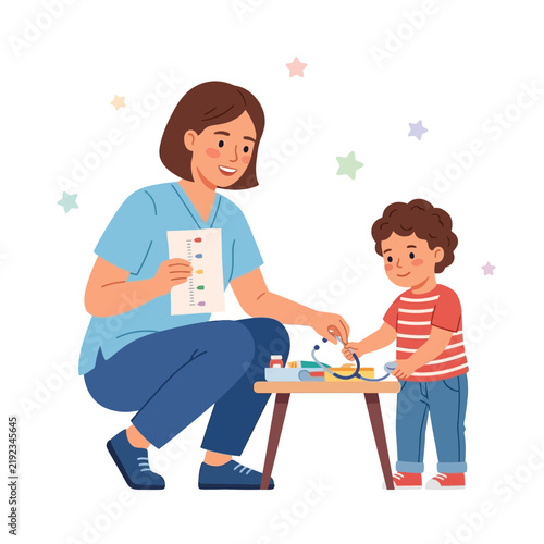 Nurse playing doctor with child, teaching medical check-up with stethoscope and toy kit, healthcare education concept