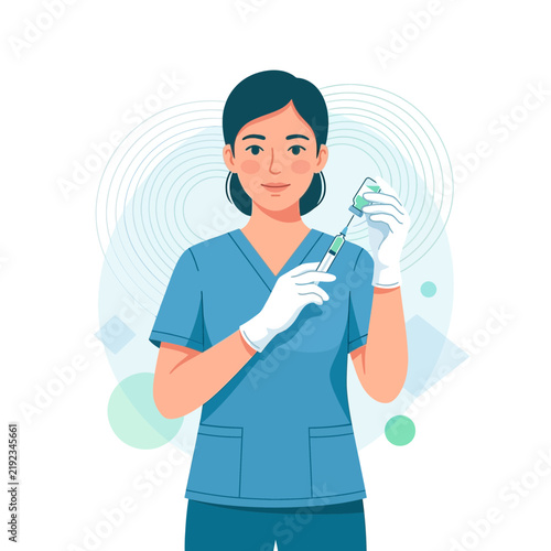 Nurse Preparing Injection Vaccine Syringe Medical Healthcare Professional in Blue Scrubs with Abstract Background