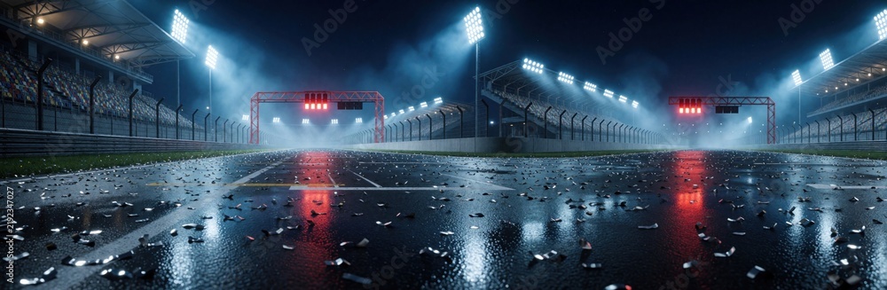 Obraz premium Wet race track straight at night illuminated by stadium lights. Silver confetti scattered on asphalt surface after victory celebration. Empty grandstands and red start lights.