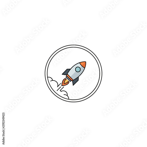 A modern flat icon of a rocket launching into space inside a circular frame, representing startup and project launch
