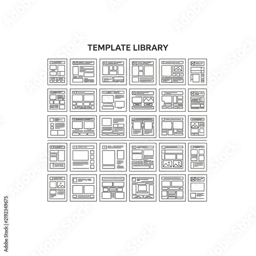 Collection of thirty diverse website page layout wireframe sketches presented as a minimalist black and white user interface design set