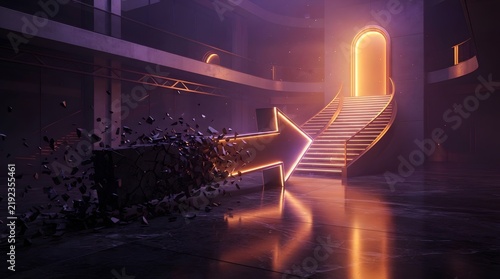 Conceptual 3D Render of a Glowing Neon Arrow Emerging from Shattered Stone Fragments Pointing Toward a Bright Golden Doorway at the Top of a Grand Staircase in a Dark Atmospheric Futuristic Hall