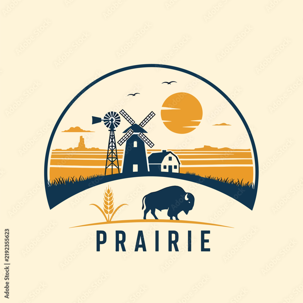 Obraz premium Prairie Landscape with Windmill and Buffalo.