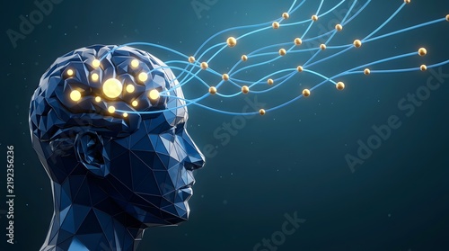 Sophisticated 3D rendering of a low poly human head with a glowing brain and neural network connections, representing artificial intelligence, cognitive science, and digital consciousness.