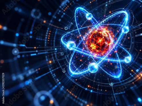 Plakat AI generated glowing atomic structure orbiting electrons digital interface energy particles representing quantum physics nuclear science research advanced future technology