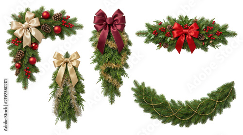 Set of festive christmas evergreen swags and garlands isolated on transparent background