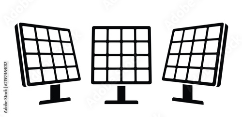 A simple black and white line art illustration showing three solar panel units arranged in a row isolated on a clean white background