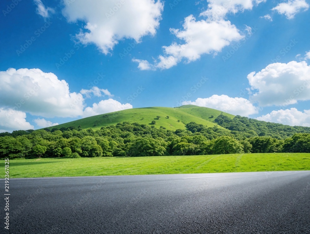Obraz premium Empty asphalt road leads to green hill under blue cloudy sky. Rich trees border grassy field. Scenic landscape perfect for travel, nature, drive themes.