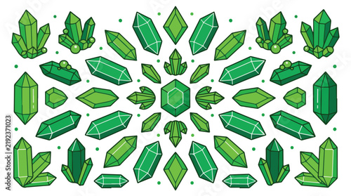 Bild auf Leinwand A symmetrical vector pattern featuring various green crystal clusters, cut gems, and emeralds arranged cleanly on a white background