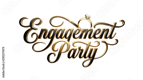 Engagement party text with diamond ring graphic with ring icon isolated on transparent background