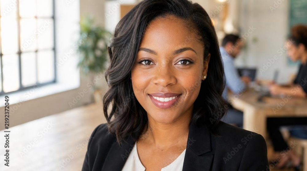 Fototapeta premium Smiling Black businesswoman in black blazer seated beside wooden table, close-up professional portrait in bright modern office