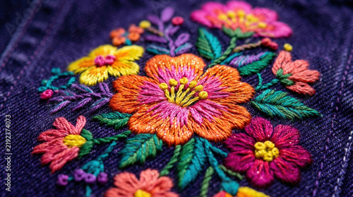 Colorful floral embroidery design featuring multiple vibrant blossoms on deep purple denim jeans for artistic fashion garment.