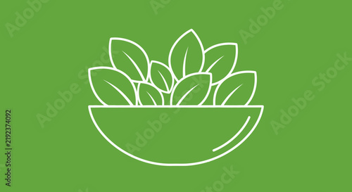 A simple white line drawing of a bowl filled with fresh green leaves
