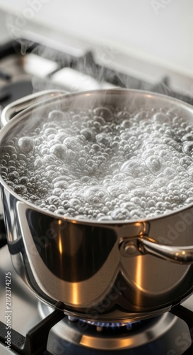 Water boils vigorously in a stainless steel saucepan on a gas stovetop. Steam rises from the pot, creating a hazy effect.