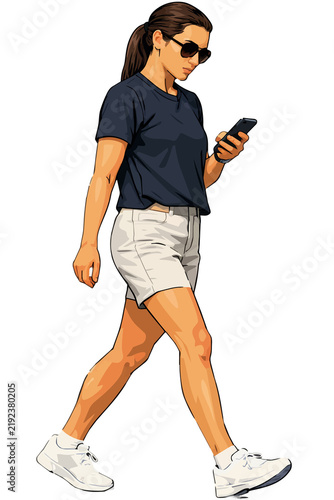 Young woman walking forward while checking her smartphone wearing a dark navy blue t-shirt and white denim shorts in a clean minimal flat vector illustration on an isolated white background.