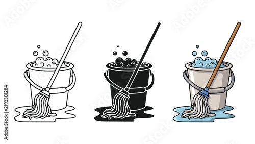 Cleaning bucket with mop and suds vector graphic set