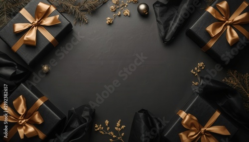 Luxurious Black and Gold Gift Boxes: An elegant arrangement of black gift boxes adorned with golden ribbons and bows, complemented by festive sprigs and satin fabric.