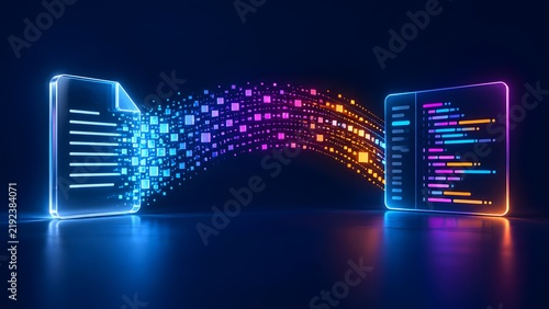 Obraz na płótnie Glowing digital document transferring colorful data blocks into a programming code interface panel