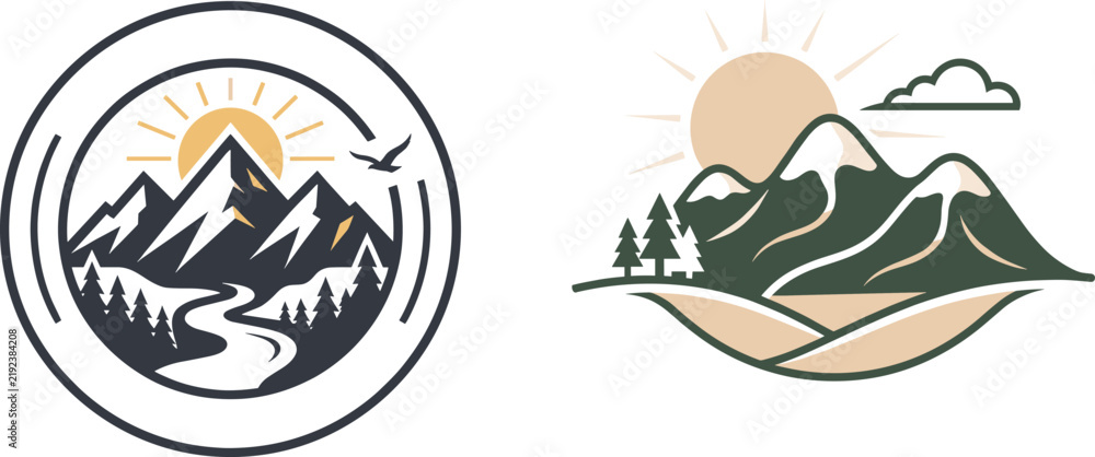 Fototapeta premium Mountain Landscape Logo Collection with Forest, River, Sun and Outdoor Adventure Elements