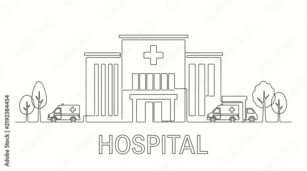 Fototapeta premium Minimalist line art illustration of a hospital building with ambulances and trees.