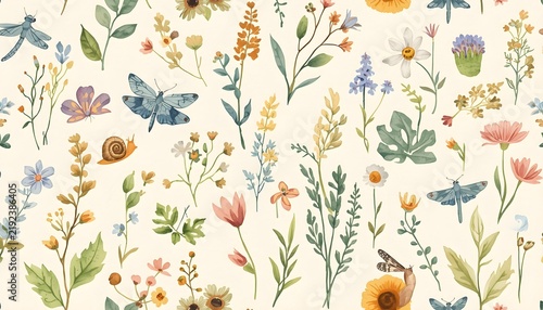 Cute watercolor seamless pattern with delicate wildflowers, dragonfly, butterfly, snail, green plants and paper texture. Abstract floral background for summer fabric, home textile or childish print.