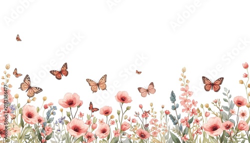Floral seamless border with abstract delicate pink wildflowers and colored butterflies. Isolated watercolor illustration for cover, background, invitation or greeting cards, decorative design pattern.