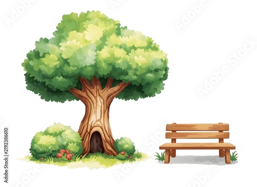 Watercolor beautiful tree with hollow, bush and cute wooden bench. Isolated hand drawn set for your cartoon design wallpaper, poster, mural in kids room or background.